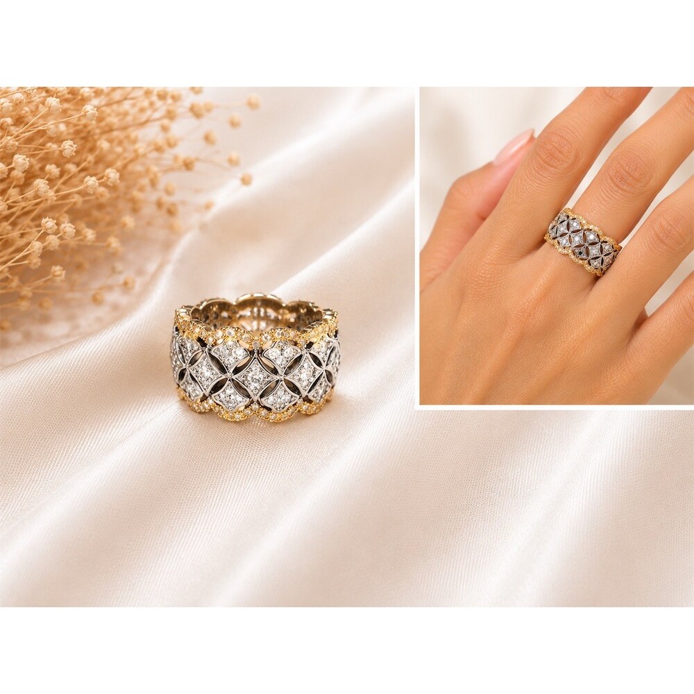 Two-Tone Gold Silver CZ Wide Band Ring Clear Pave Lattice Eternity Style size 7